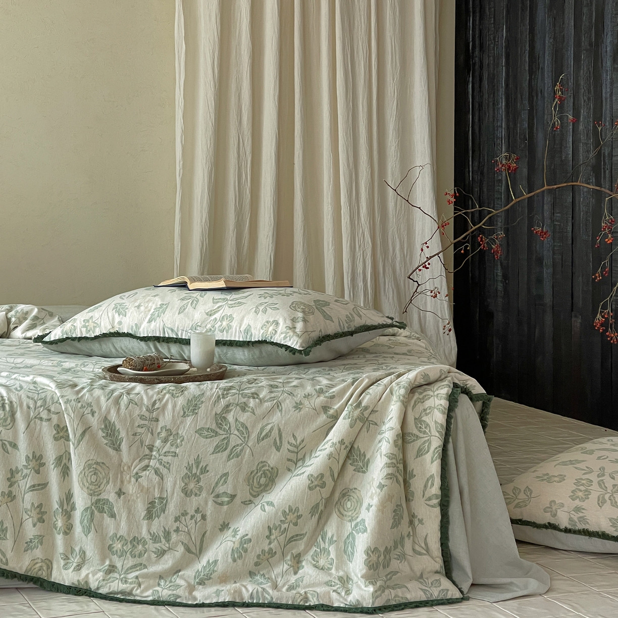 91家纺网 家纺一手货源 找家纺 一加一 2026新款A类棉麻透气提花花边凉感夏被夏凉被空调被四件套棉麻叙 欧佩拉-绿