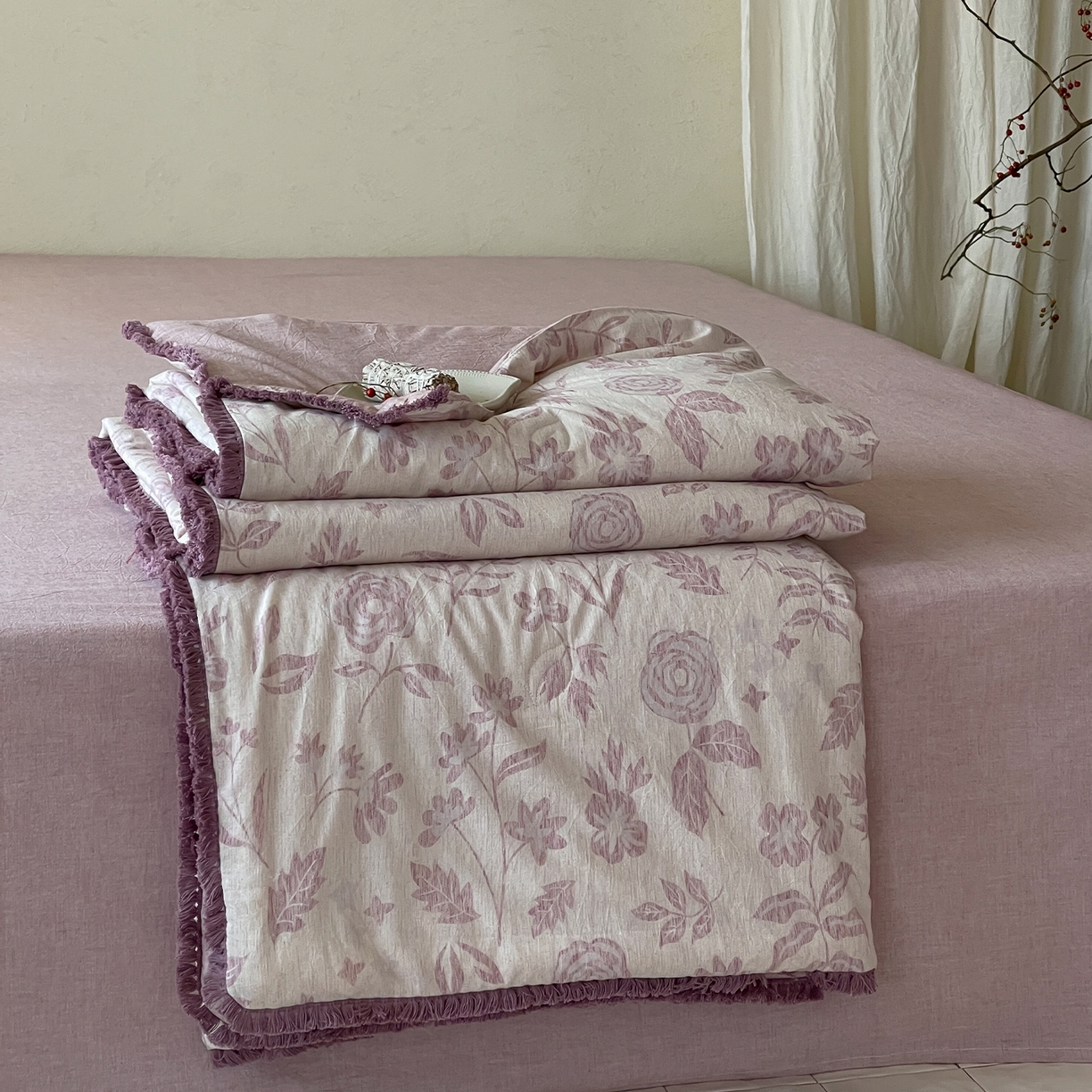 一加一 2026新款A类棉麻透气提花花边凉感夏被夏凉被空调被四件套棉麻叙 欧佩拉-红