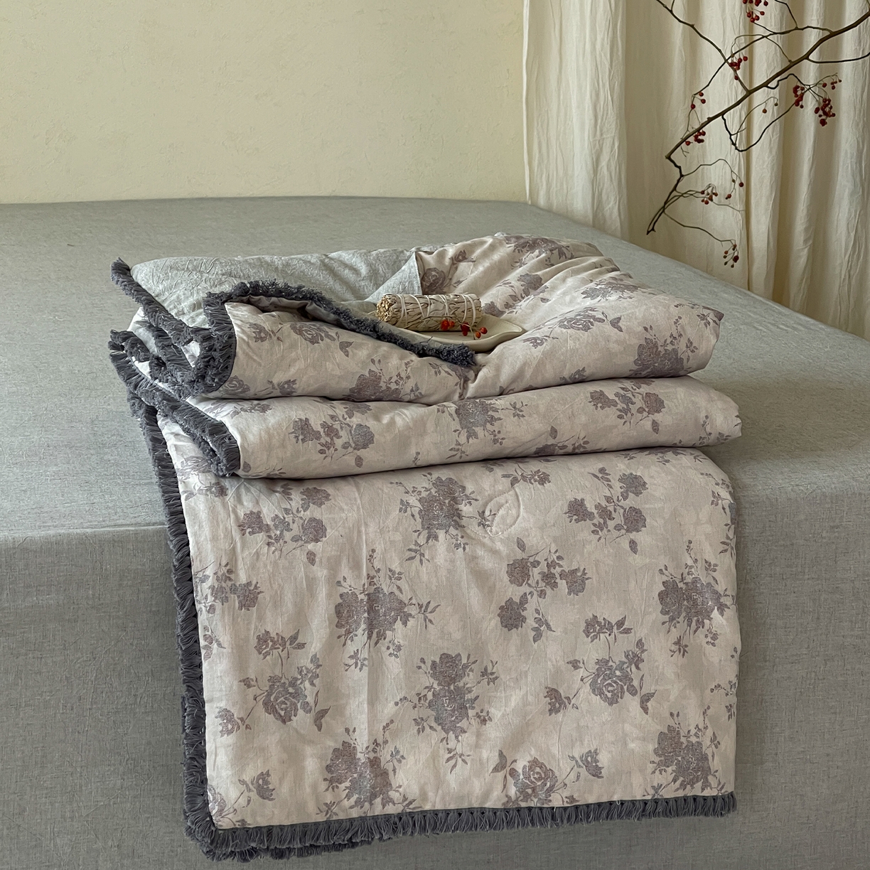 一加一 2026新款A类棉麻透气提花花边凉感夏被夏凉被空调被四件套棉麻叙 时雨-灰