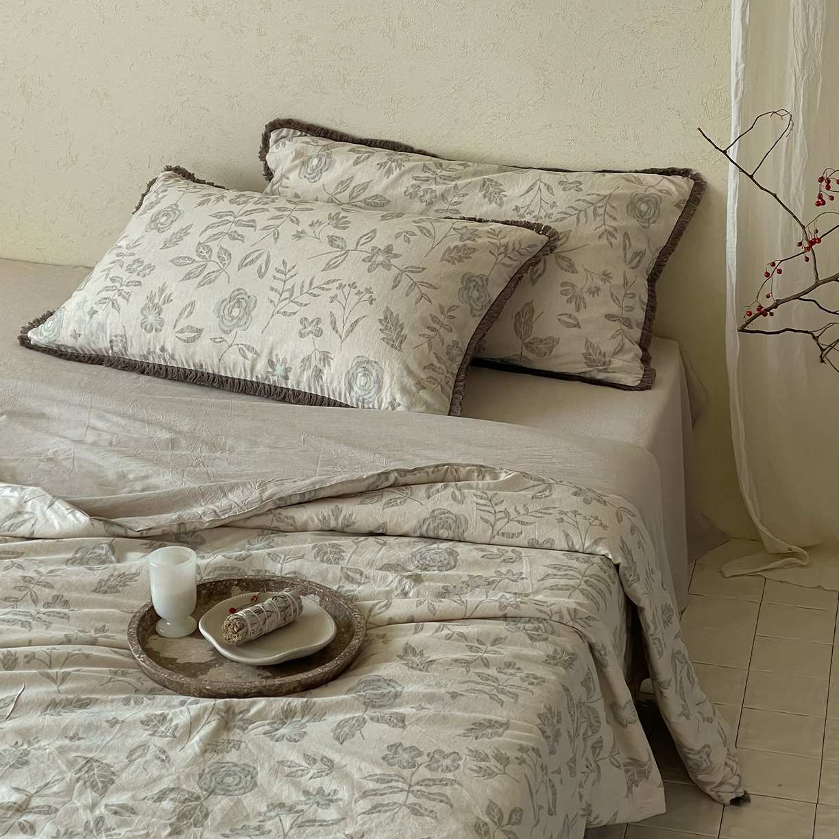 91家纺网 家纺一手货源 找家纺 一加一 2026新款A类棉麻透气提花花边凉感夏被夏凉被空调被四件套棉麻叙 欧佩拉-咖