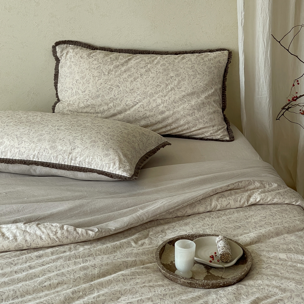 91家纺网 家纺一手货源 找家纺 一加一 2026新款A类棉麻透气提花花边凉感夏被夏凉被空调被四件套棉麻叙 晚晴-灰