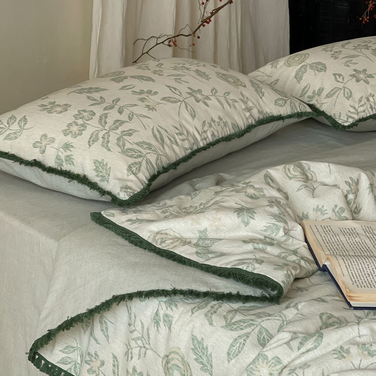 91家纺网 家纺一手货源 找家纺 一加一 2026新款A类棉麻透气提花花边凉感夏被夏凉被空调被四件套棉麻叙 欧佩拉-绿