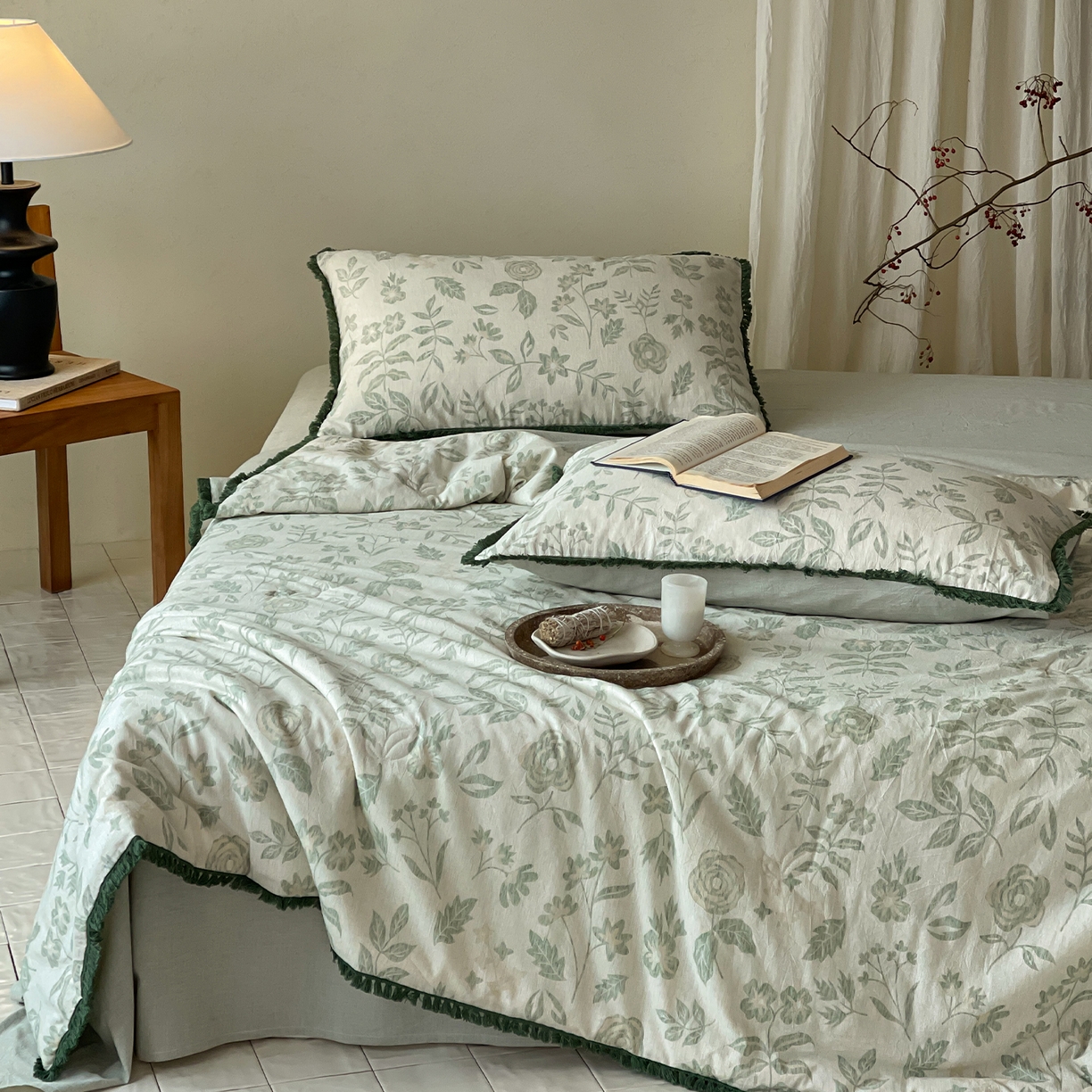 91家纺网 家纺一手货源 找家纺 一加一 2026新款A类棉麻透气提花花边凉感夏被夏凉被空调被四件套棉麻叙 欧佩拉-绿