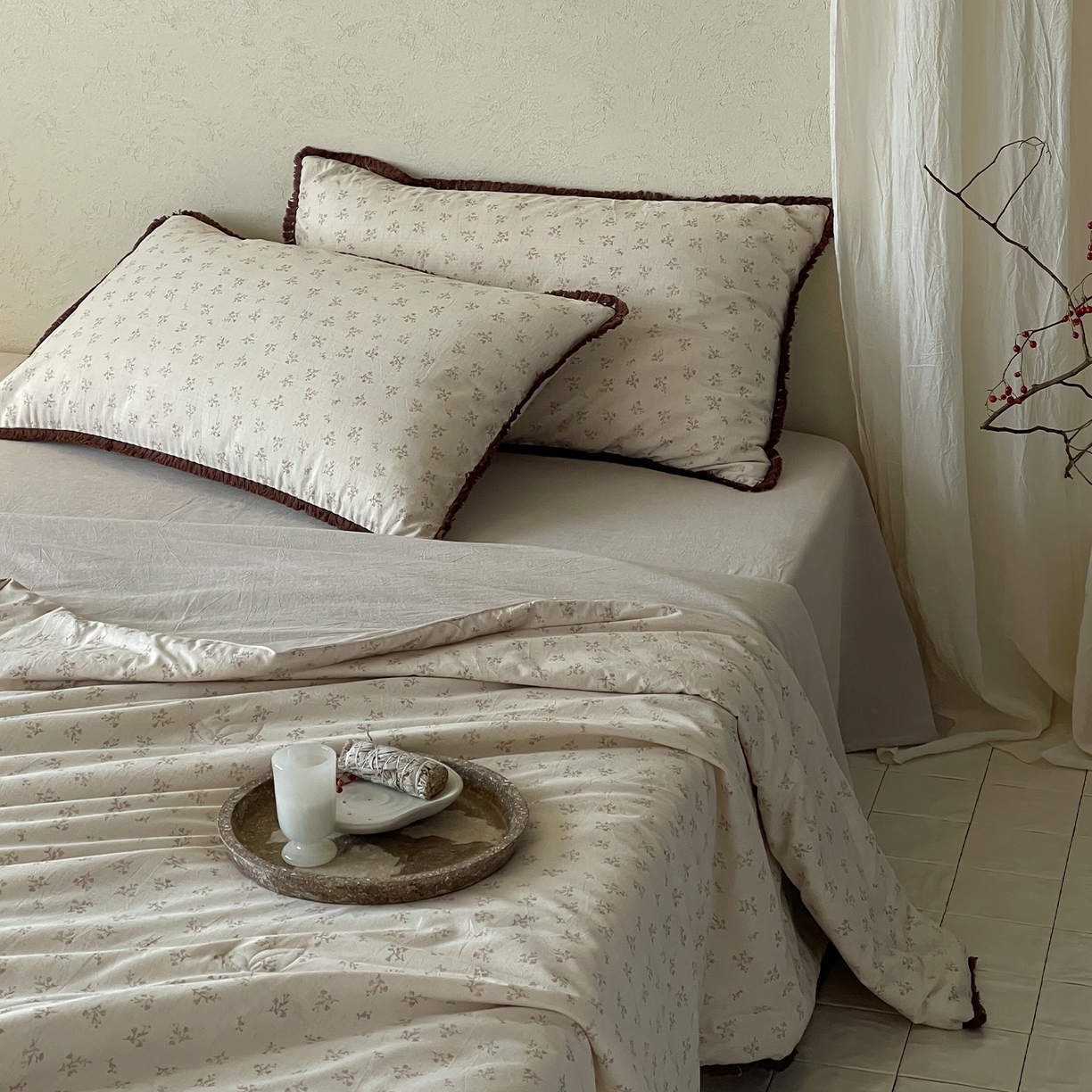 91家纺网 家纺一手货源 找家纺 一加一 2026新款A类棉麻透气提花花边凉感夏被夏凉被空调被四件套棉麻叙 兰舟-咖