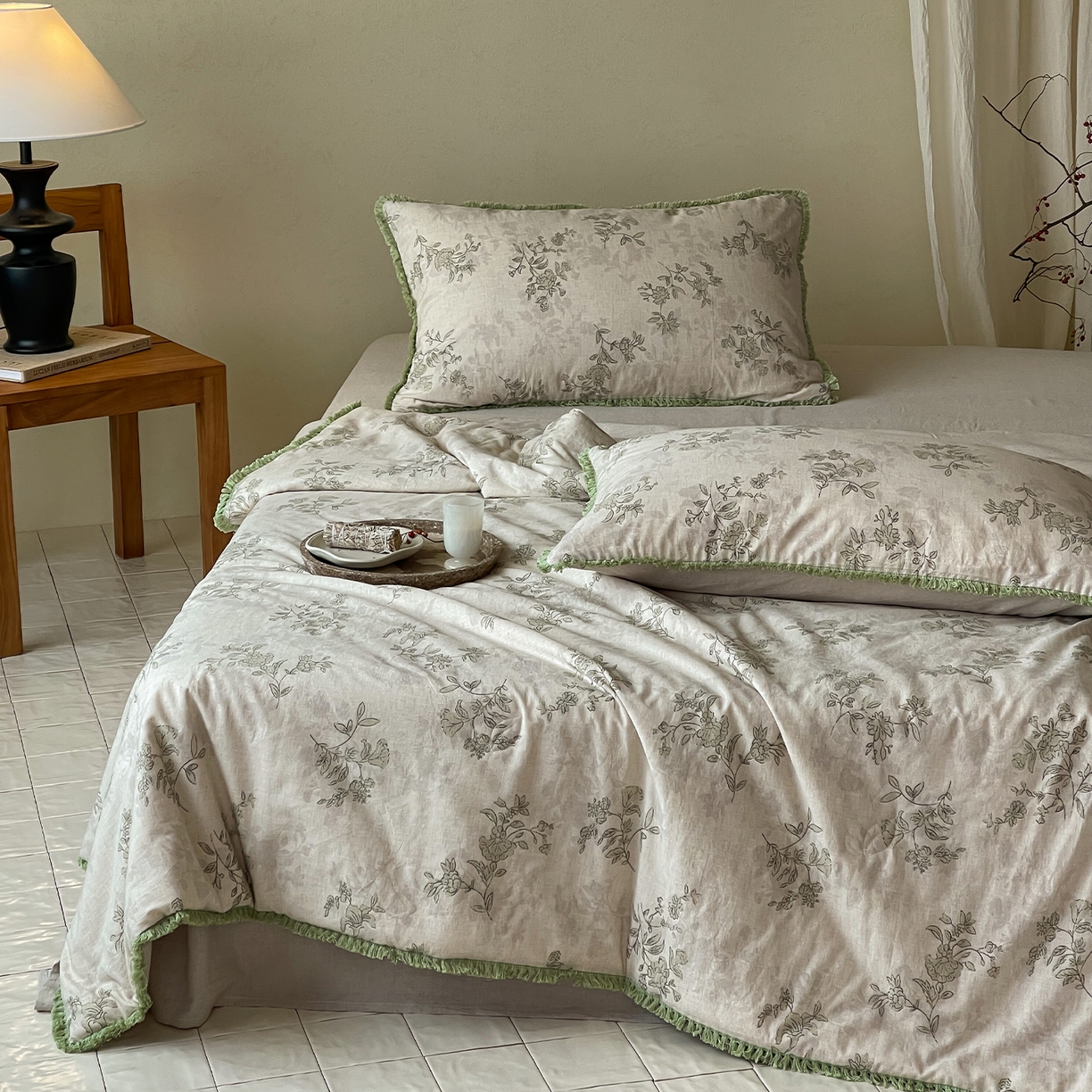 91家纺网 家纺一手货源 找家纺 一加一 2026新款A类棉麻透气提花花边凉感夏被夏凉被空调被四件套棉麻叙 桂花影-绿