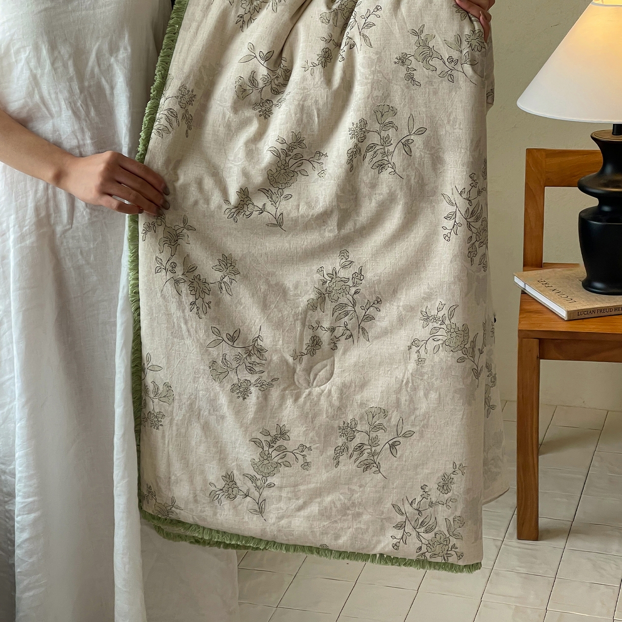 91家纺网 家纺一手货源 找家纺 一加一 2026新款A类棉麻透气提花花边凉感夏被夏凉被空调被四件套棉麻叙 桂花影-绿