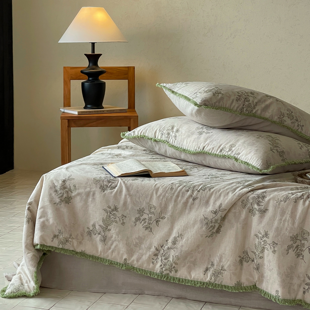 91家纺网 家纺一手货源 找家纺 一加一 2026新款A类棉麻透气提花花边凉感夏被夏凉被空调被四件套棉麻叙 桂花影-绿