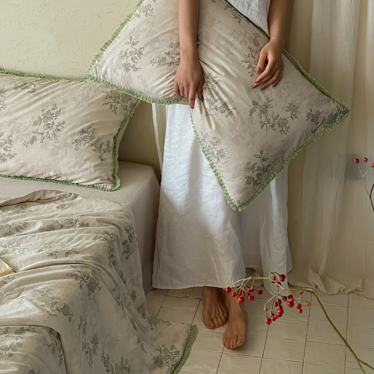 91家纺网 家纺一手货源 找家纺 一加一 2026新款A类棉麻透气提花花边凉感夏被夏凉被空调被四件套棉麻叙 桂花影-绿