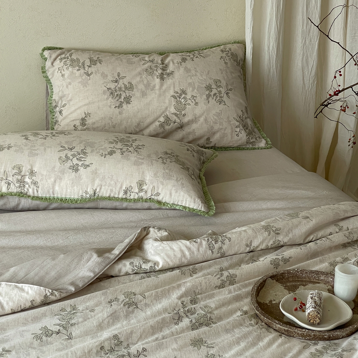 91家纺网 家纺一手货源 找家纺 一加一 2026新款A类棉麻透气提花花边凉感夏被夏凉被空调被四件套棉麻叙 桂花影-绿