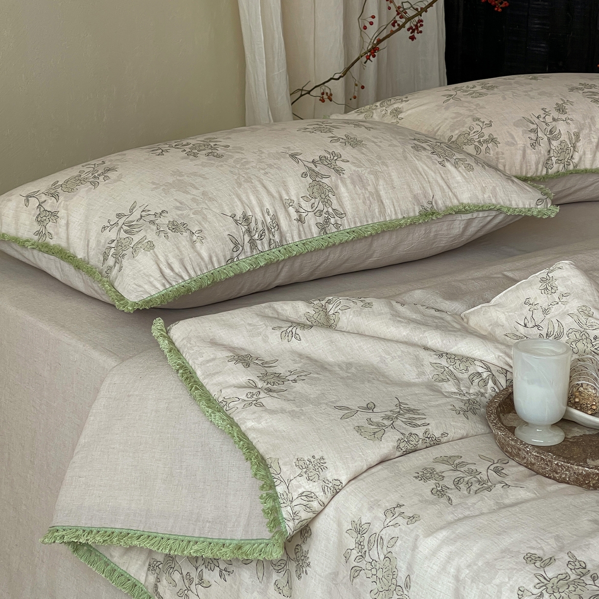 91家纺网 家纺一手货源 找家纺 一加一 2026新款A类棉麻透气提花花边凉感夏被夏凉被空调被四件套棉麻叙 桂花影-绿