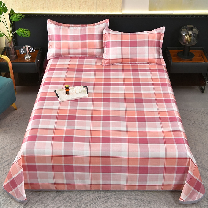 91家纺网 家纺一手货源 找家纺 念家居 2026新款轻奢可机洗水洗床单款高密大版斜纹冰丝凉席三件套 红白格纹