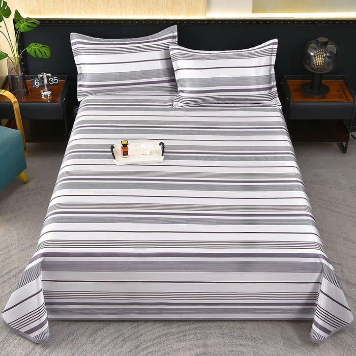 91家纺网 家纺一手货源 找家纺 念家居 2026新款轻奢可机洗水洗床单款高密大版斜纹冰丝凉席三件套 灰紫条纹