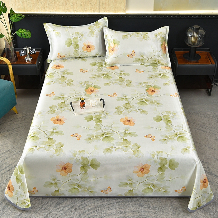 91家纺网 家纺一手货源 找家纺 念家居 2026新款轻奢可机洗水洗床单款高密大版斜纹冰丝凉席三件套 浅绿碎花