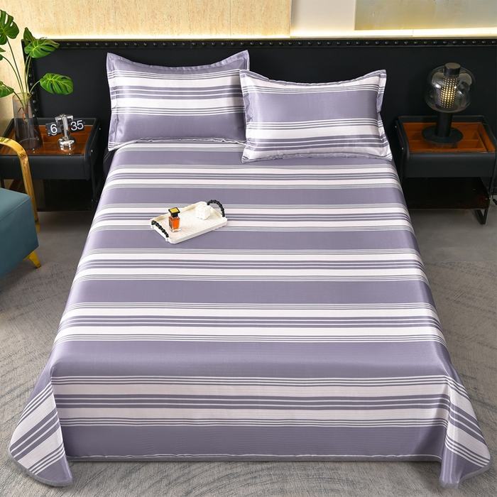 91家纺网 家纺一手货源 找家纺 念家居 2026新款轻奢可机洗水洗床单款高密大版斜纹冰丝凉席三件套 紫灰条纹 