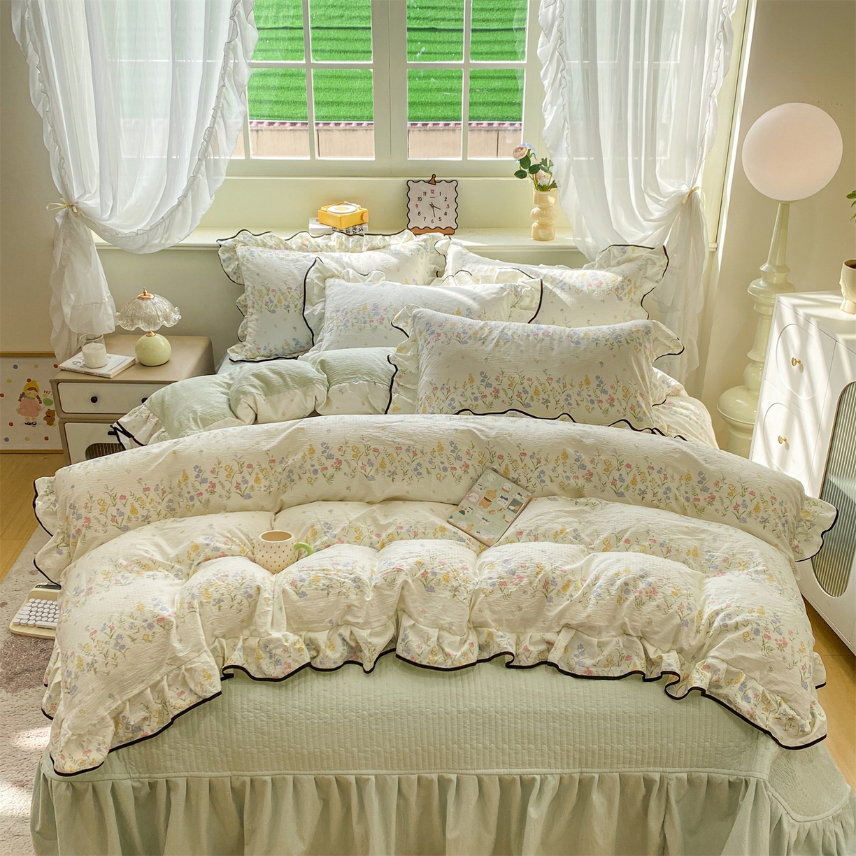 91家纺网 家纺一手货源 找家纺 （总）优贝家纺 2026新款云感双层纱皱皱纱花边床盖夹棉四件套