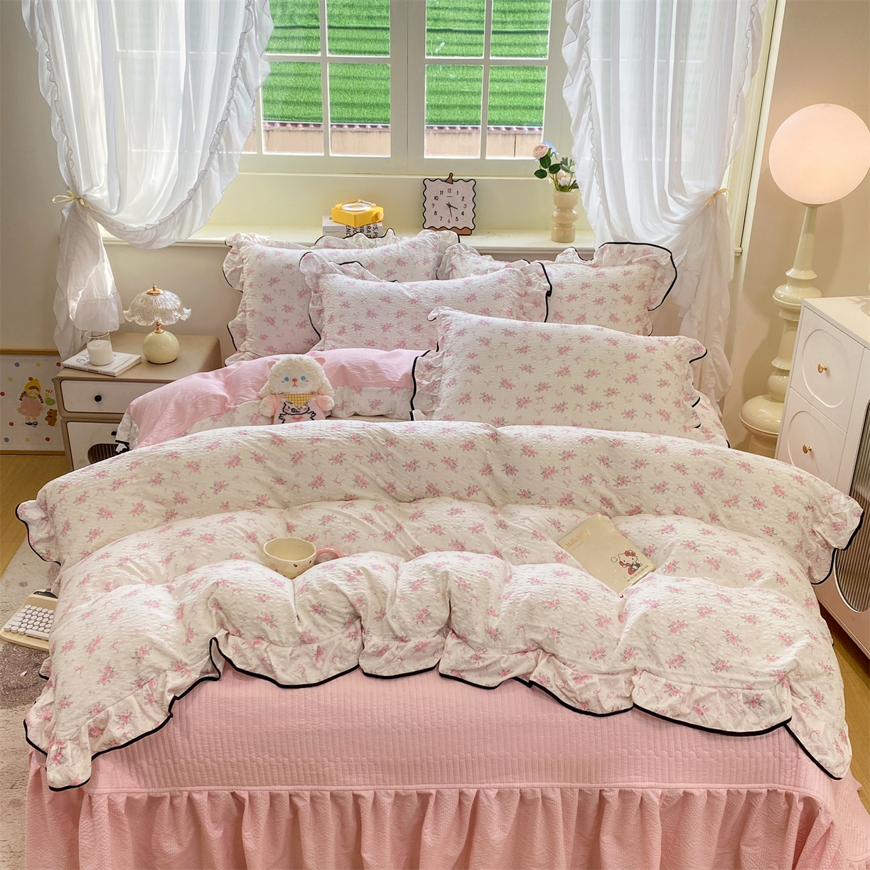 91家纺网 家纺一手货源 找家纺 （总）优贝家纺 2026新款云感双层纱皱皱纱花边床盖夹棉四件套