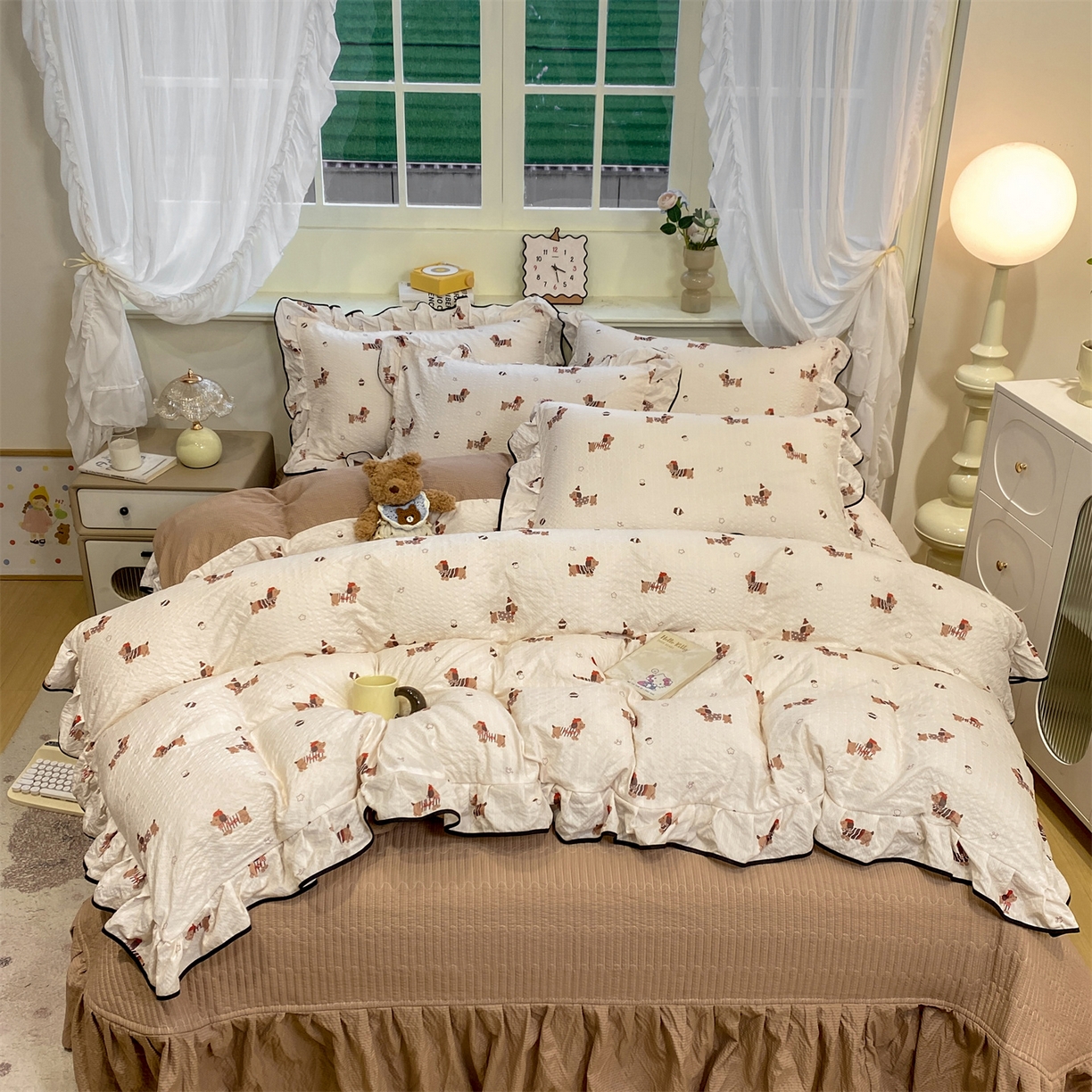 91家纺网 家纺一手货源 找家纺 （总）优贝家纺 2026新款云感双层纱皱皱纱花边床盖夹棉四件套