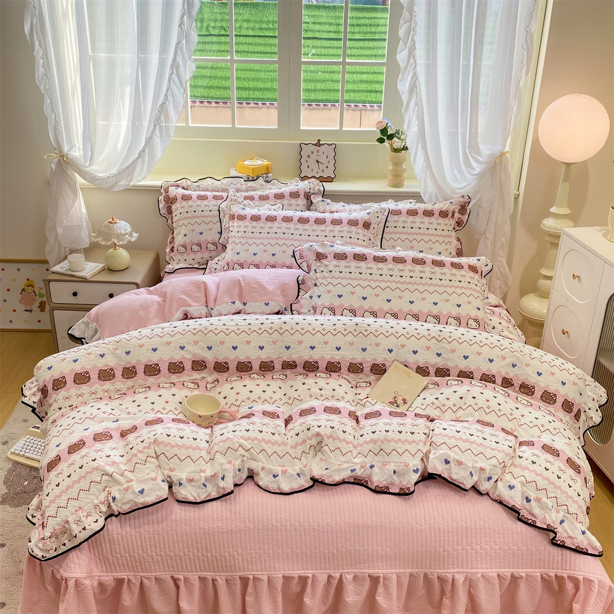 91家纺网 家纺一手货源 找家纺 （总）优贝家纺 2026新款云感双层纱皱皱纱花边床盖夹棉四件套