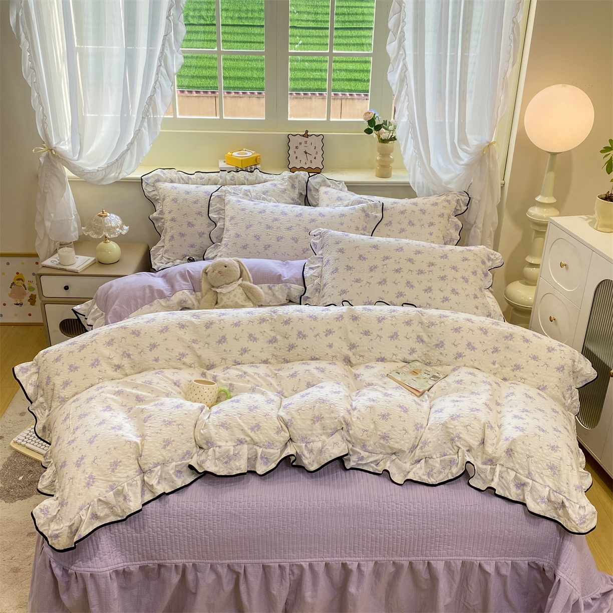 91家纺网 家纺一手货源 找家纺 （总）优贝家纺 2026新款云感双层纱皱皱纱花边床盖夹棉四件套