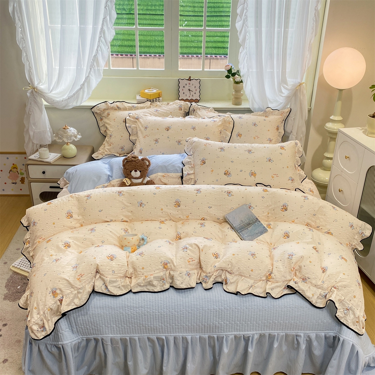 91家纺网 家纺一手货源 找家纺 （总）优贝家纺 2026新款云感双层纱皱皱纱花边床盖夹棉四件套