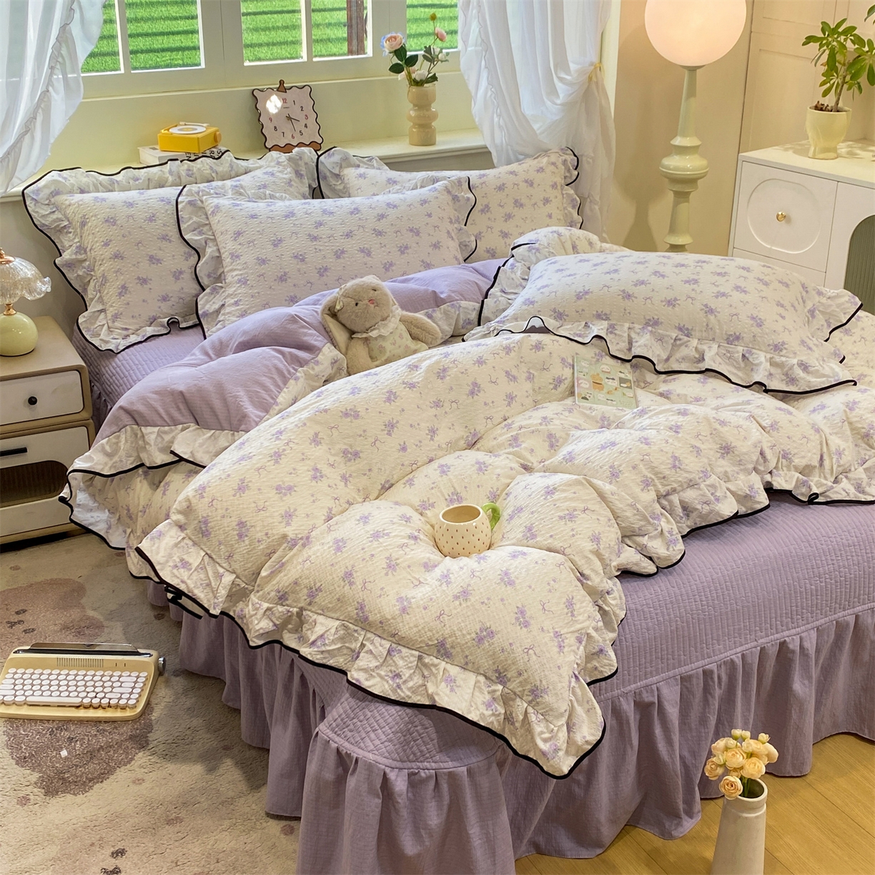 91家纺网 家纺一手货源 找家纺 优贝家纺 2026新款云感双层纱皱皱纱花边床盖夹棉四件套 小美好