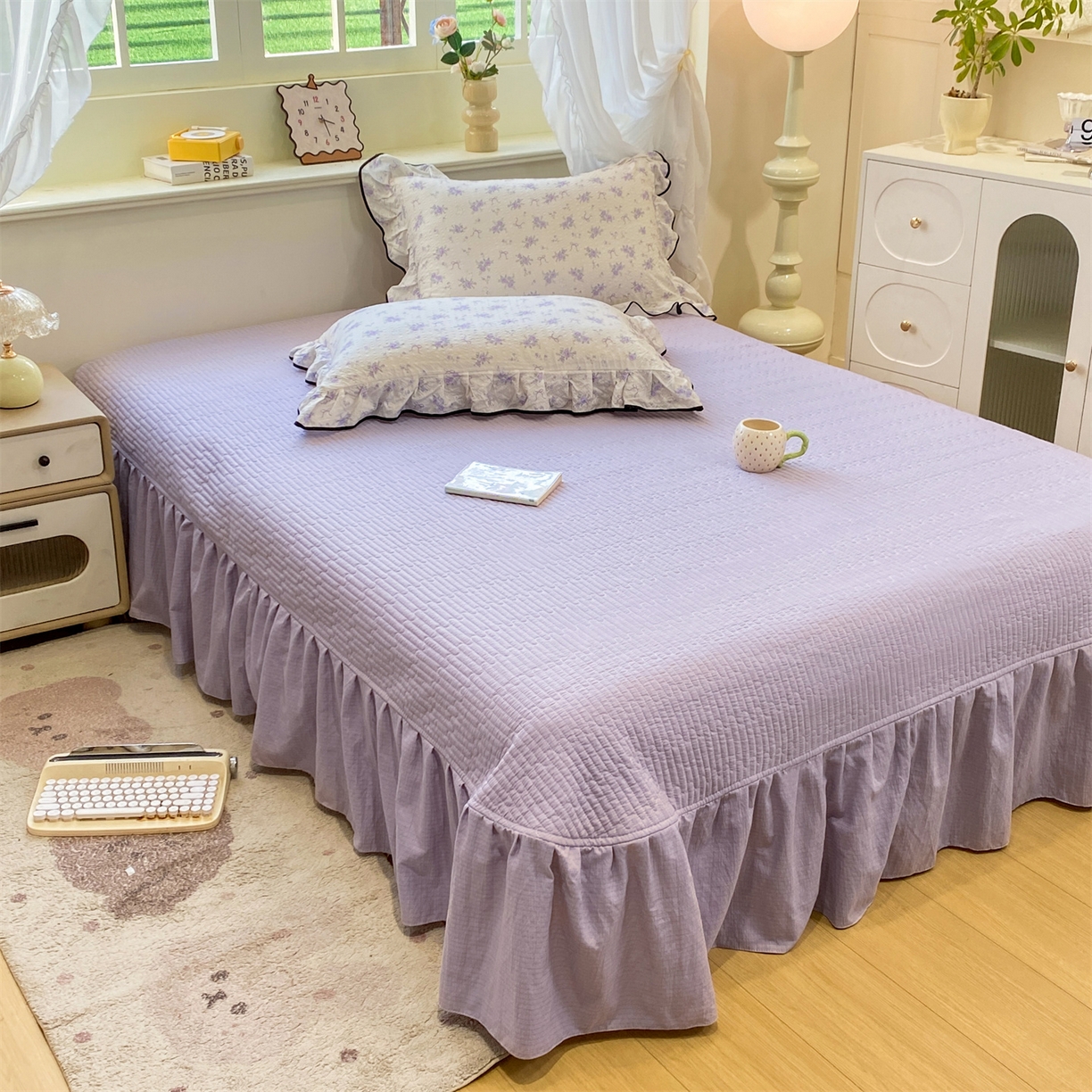 91家纺网 家纺一手货源 找家纺 优贝家纺 2026新款云感双层纱皱皱纱花边床盖夹棉四件套 小美好