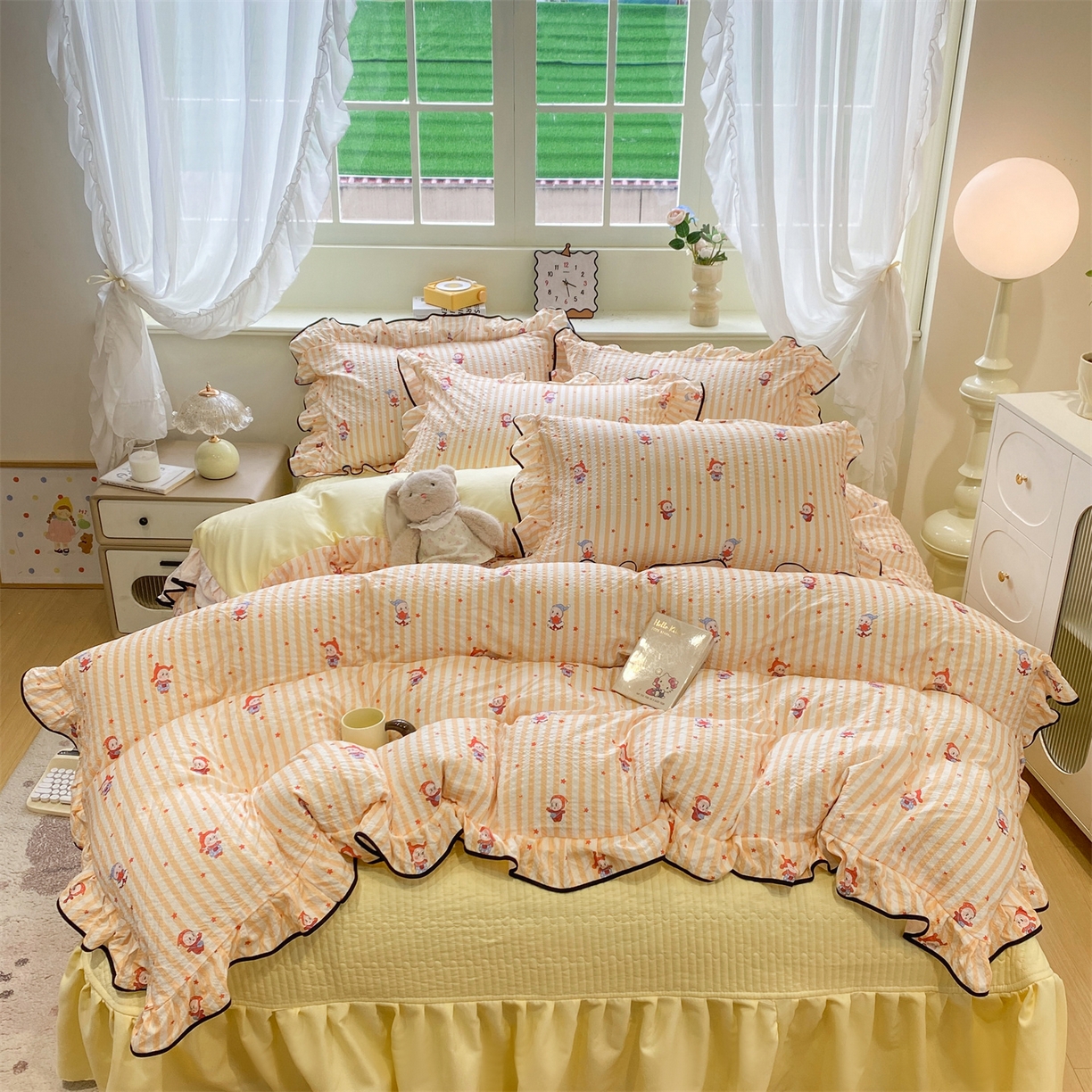 优贝家纺 2026新款云感双层纱皱皱纱花边床盖夹棉四件套 星星人