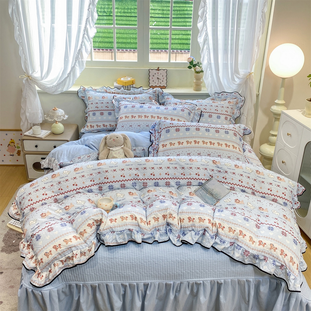 优贝家纺 2026新款云感双层纱皱皱纱花边床盖夹棉四件套 悠然小花