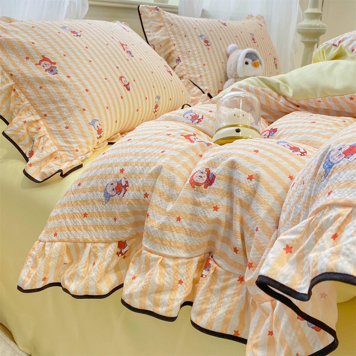 91家纺网 家纺一手货源 找家纺 （总）优贝家纺 2026新款云感双层纱皱皱纱花边四件套