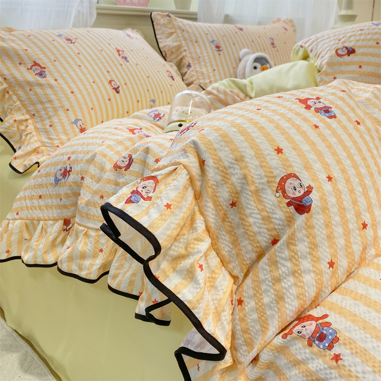 91家纺网 家纺一手货源 找家纺 （总）优贝家纺 2026新款云感双层纱皱皱纱花边四件套