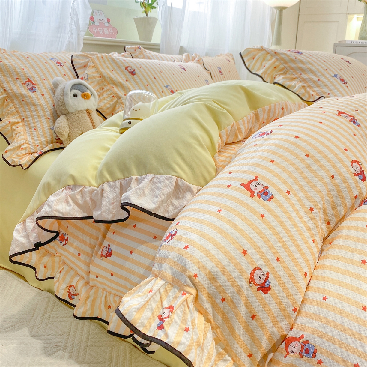 91家纺网 家纺一手货源 找家纺 （总）优贝家纺 2026新款云感双层纱皱皱纱花边四件套