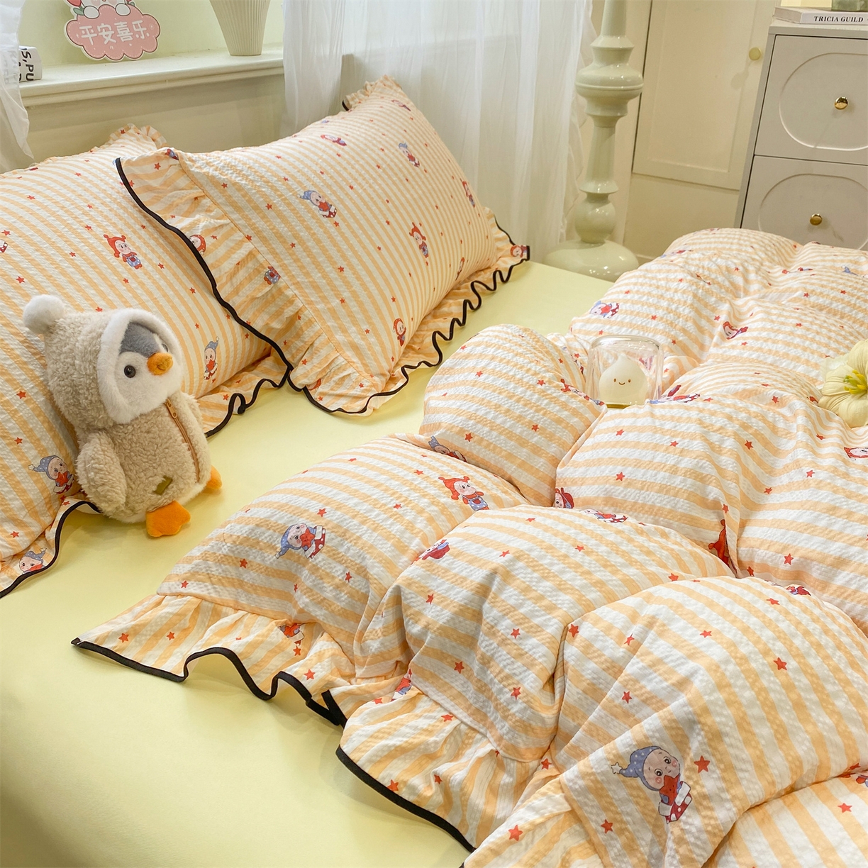 91家纺网 家纺一手货源 找家纺 （总）优贝家纺 2026新款云感双层纱皱皱纱花边四件套