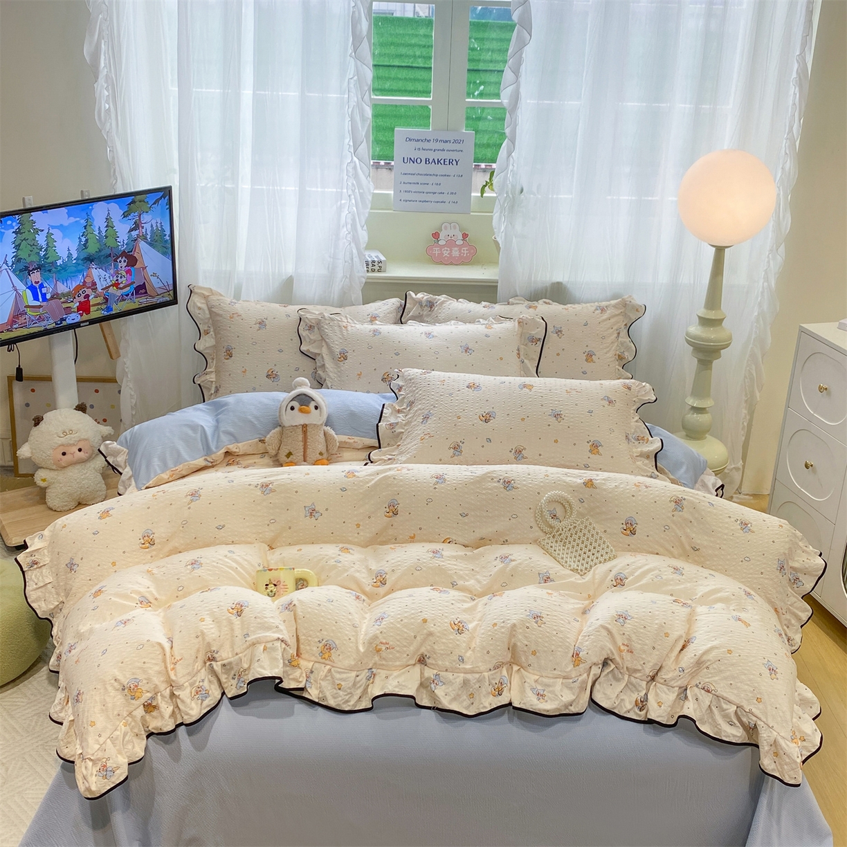 91家纺网 家纺一手货源 找家纺 （总）优贝家纺 2026新款云感双层纱皱皱纱花边四件套