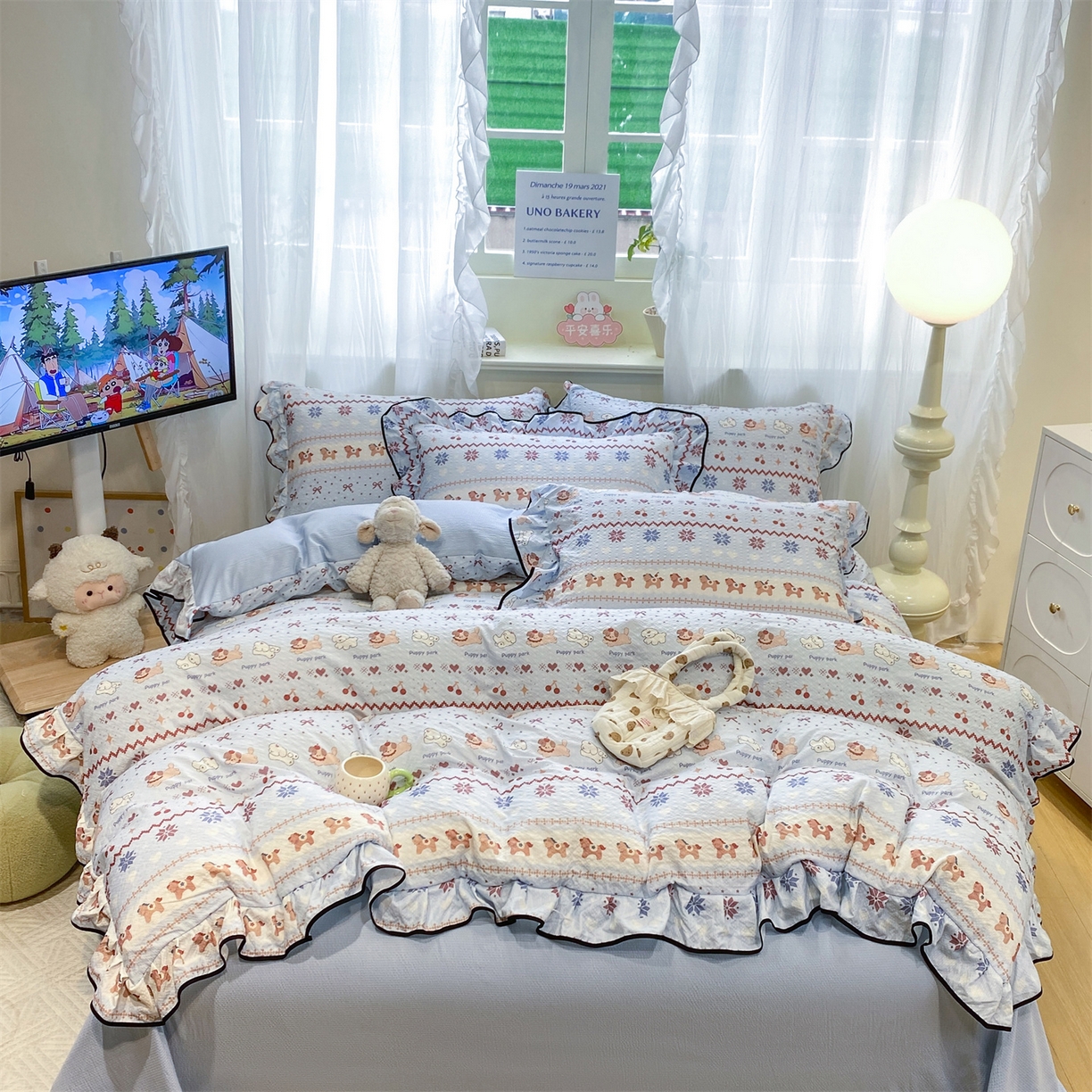 91家纺网 家纺一手货源 找家纺 （总）优贝家纺 2026新款云感双层纱皱皱纱花边四件套