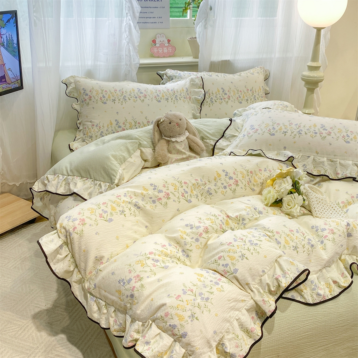 91家纺网 家纺一手货源 找家纺 优贝家纺 2026新款云感双层纱皱皱纱花边四件套 春日花园