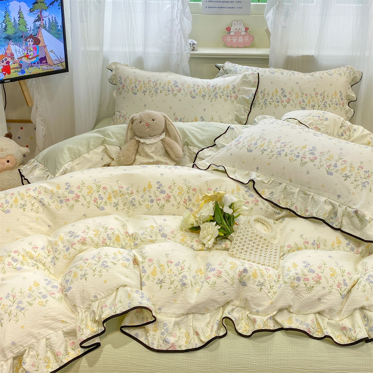 91家纺网 家纺一手货源 找家纺 优贝家纺 2026新款云感双层纱皱皱纱花边四件套 春日花园