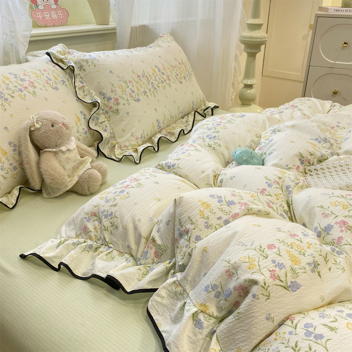 91家纺网 家纺一手货源 找家纺 优贝家纺 2026新款云感双层纱皱皱纱花边四件套 春日花园