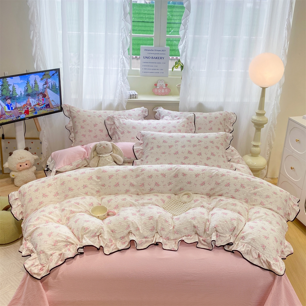 优贝家纺 2026新款云感双层纱皱皱纱花边四件套 花香