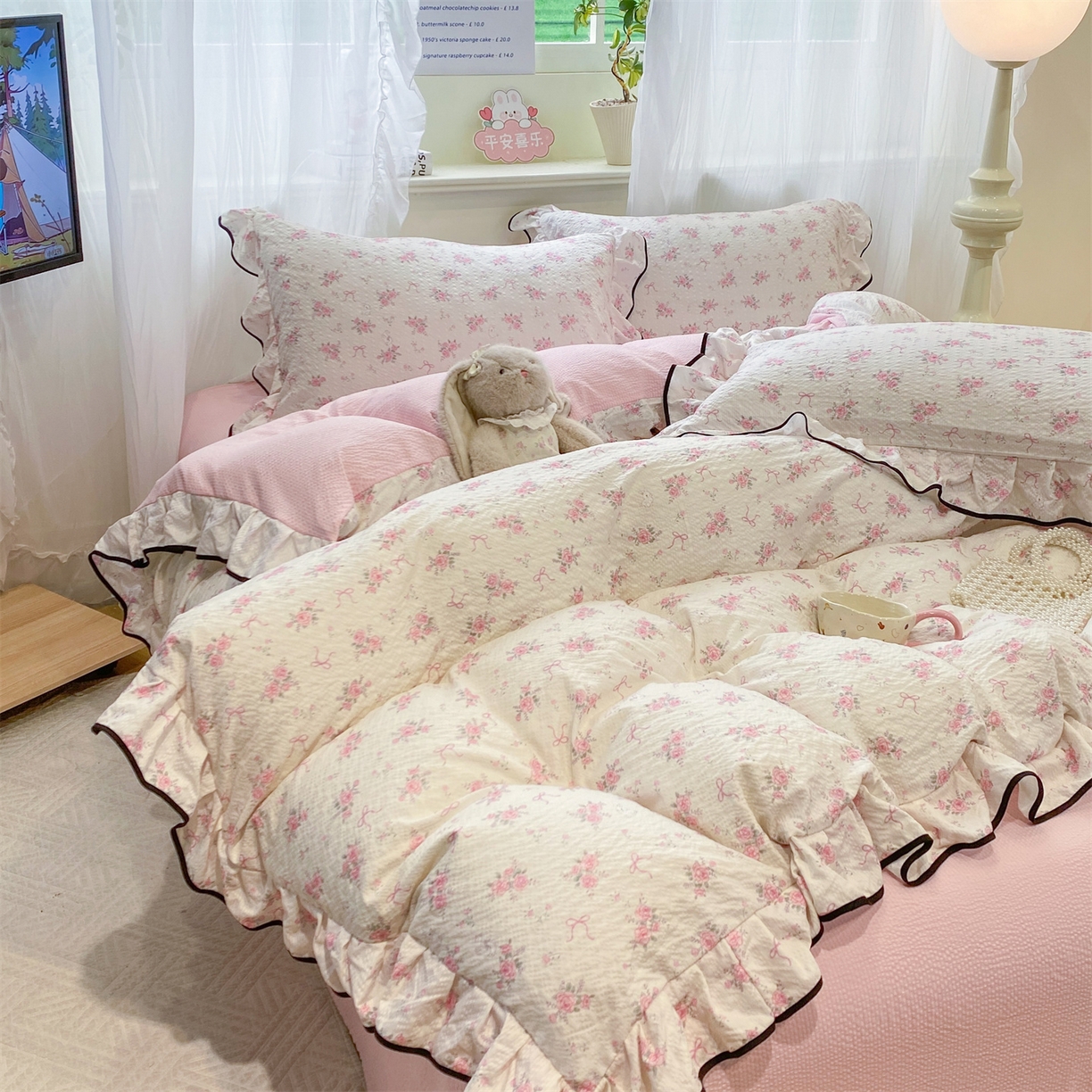 91家纺网 家纺一手货源 找家纺 优贝家纺 2026新款云感双层纱皱皱纱花边四件套 花香