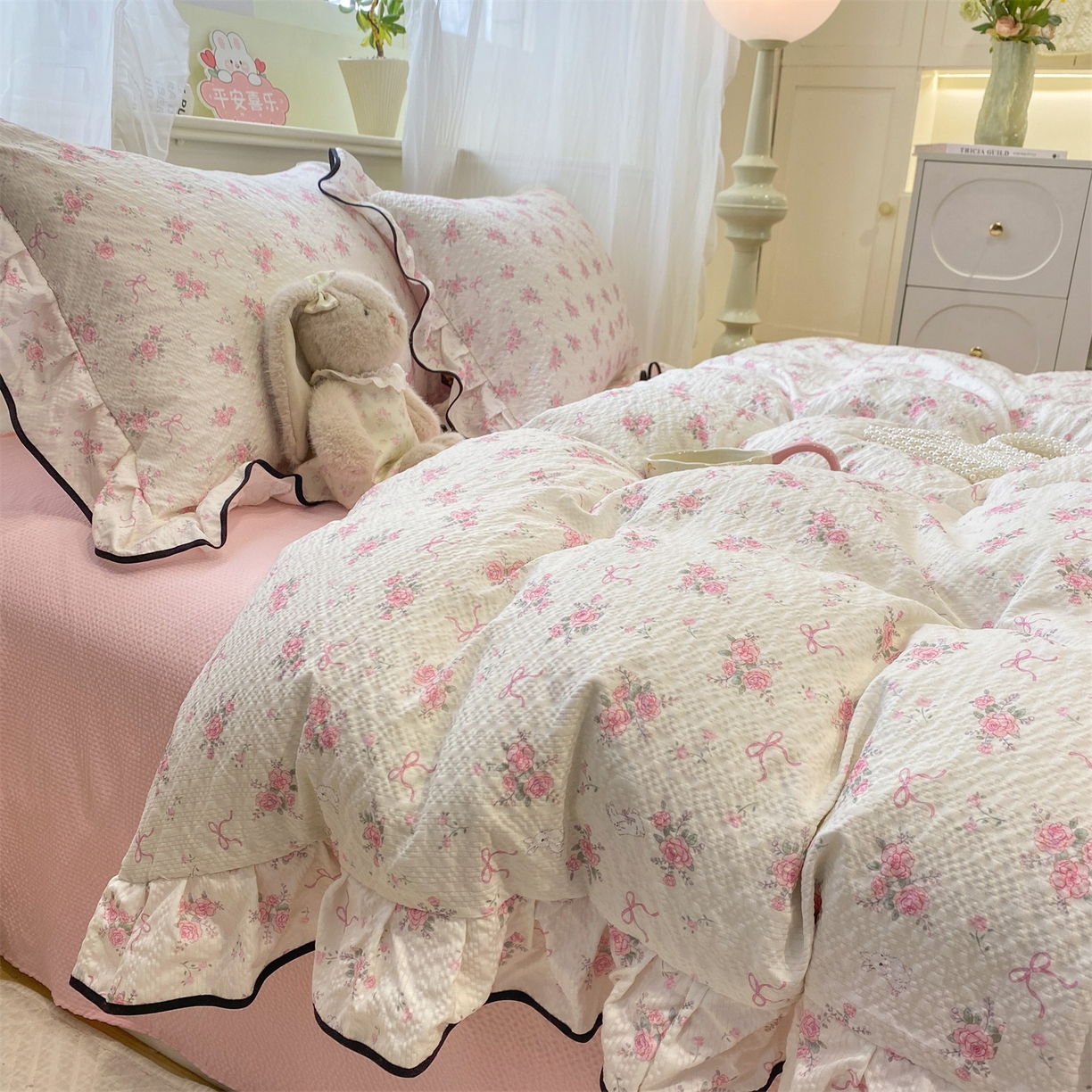 91家纺网 家纺一手货源 找家纺 优贝家纺 2026新款云感双层纱皱皱纱花边四件套 花香