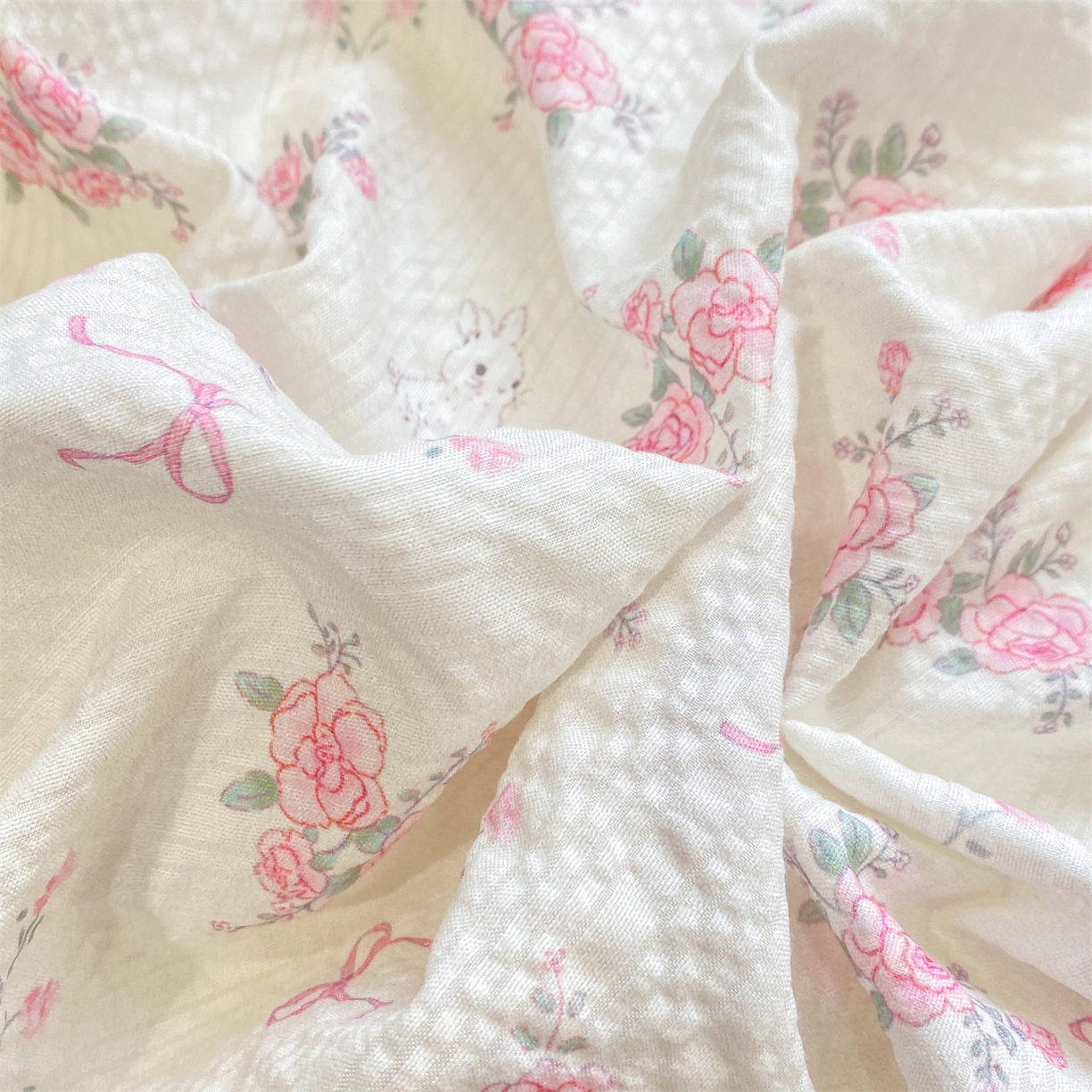 91家纺网 家纺一手货源 找家纺 优贝家纺 2026新款云感双层纱皱皱纱花边四件套 花香