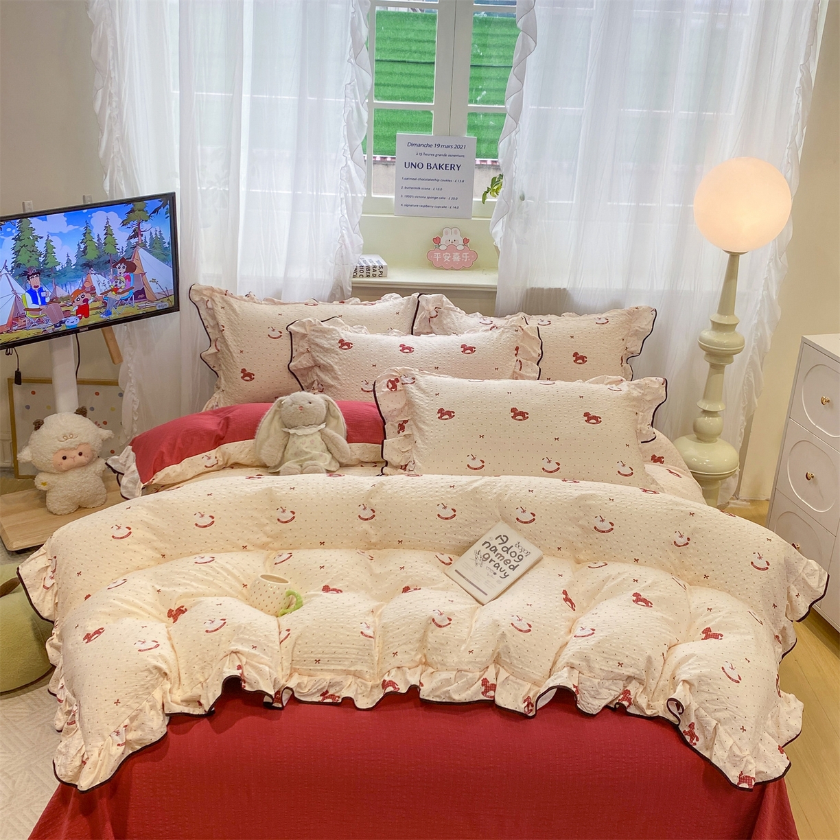 优贝家纺 2026新款云感双层纱皱皱纱花边四件套 马马福福