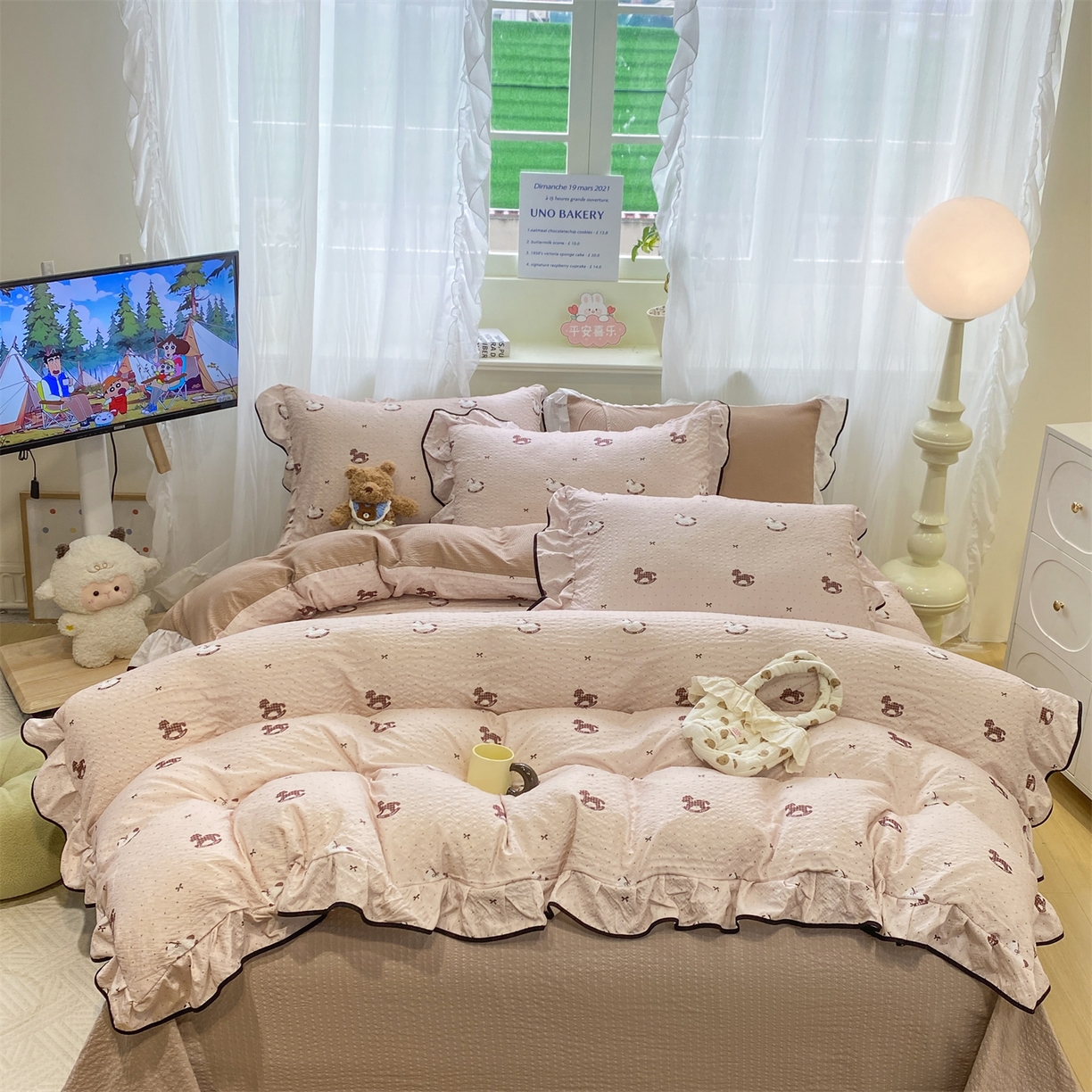 优贝家纺 2026新款云感双层纱皱皱纱花边四件套 马马福福-咖