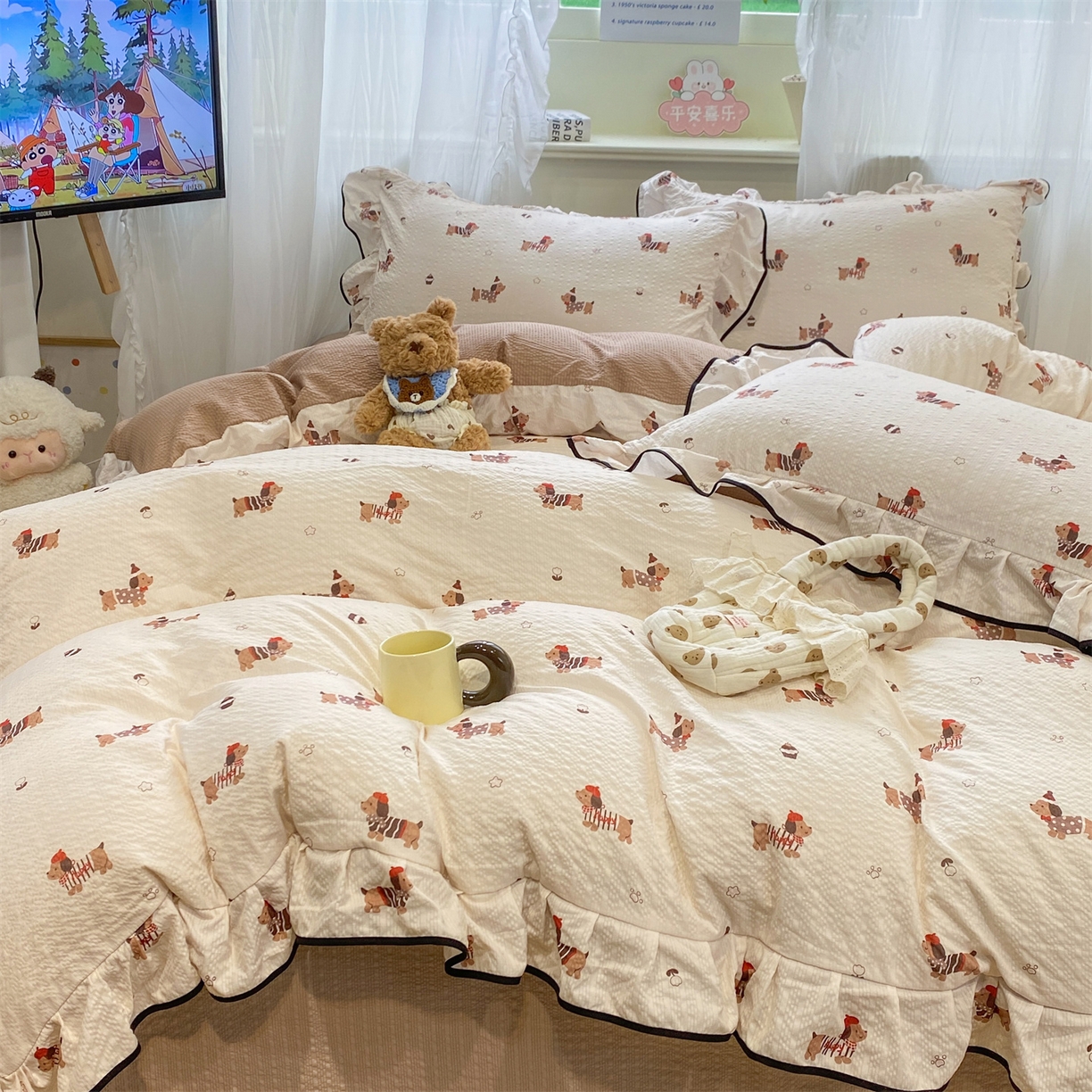 91家纺网 家纺一手货源 找家纺 优贝家纺 2026新款云感双层纱皱皱纱花边四件套 奇奇乐园