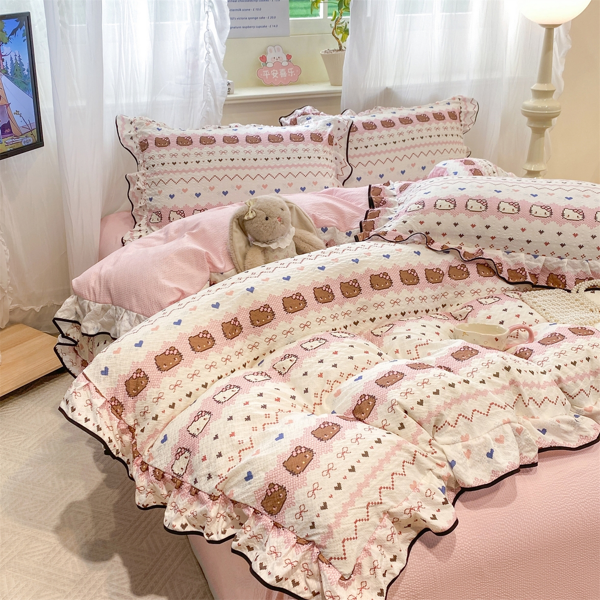 91家纺网 家纺一手货源 找家纺 优贝家纺 2026新款云感双层纱皱皱纱花边四件套 甜心时光