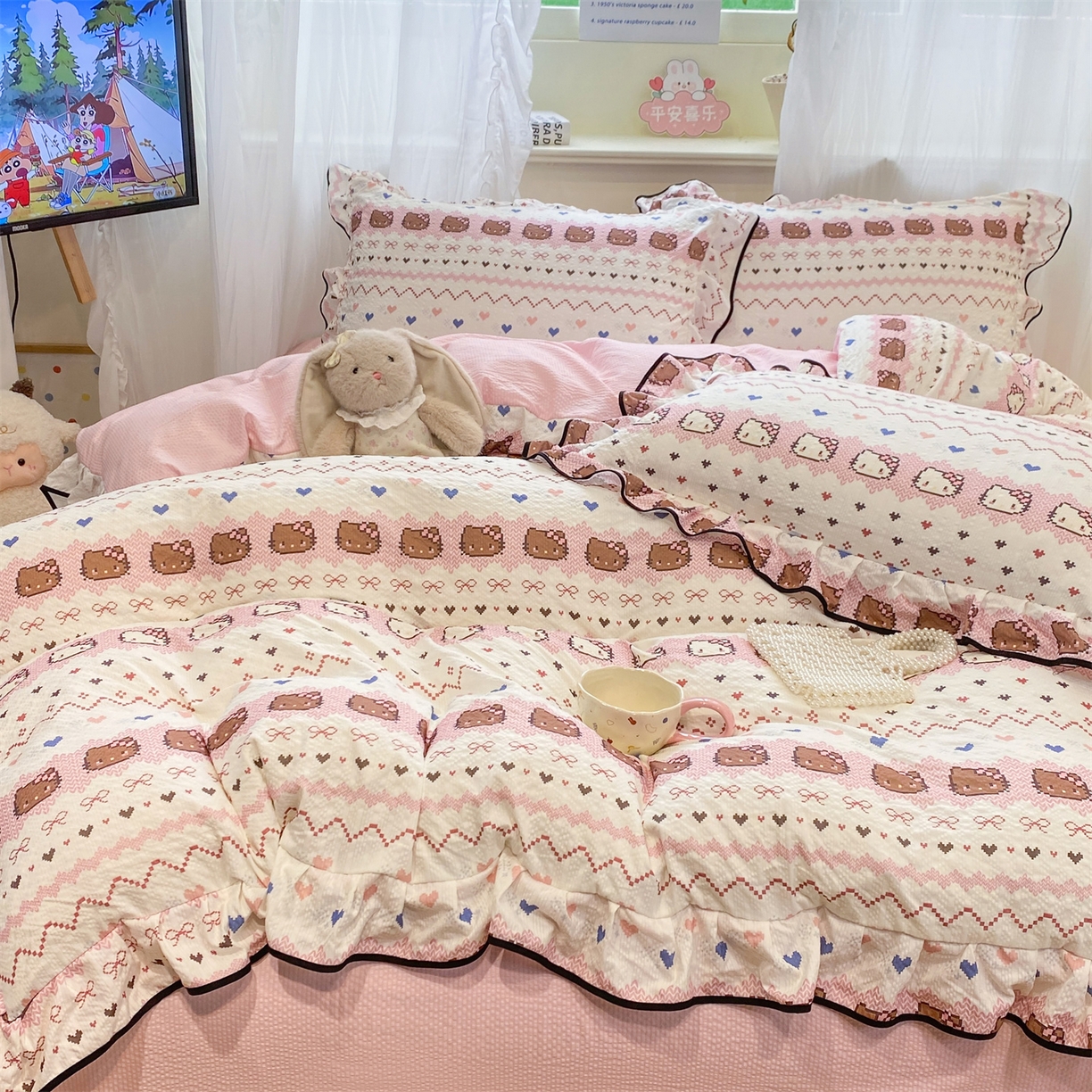 91家纺网 家纺一手货源 找家纺 优贝家纺 2026新款云感双层纱皱皱纱花边四件套 甜心时光