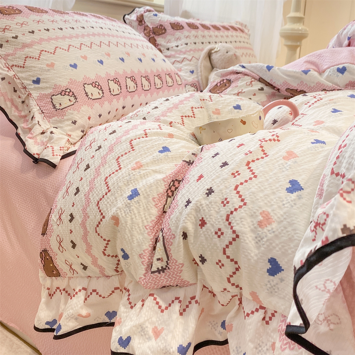 91家纺网 家纺一手货源 找家纺 优贝家纺 2026新款云感双层纱皱皱纱花边四件套 甜心时光