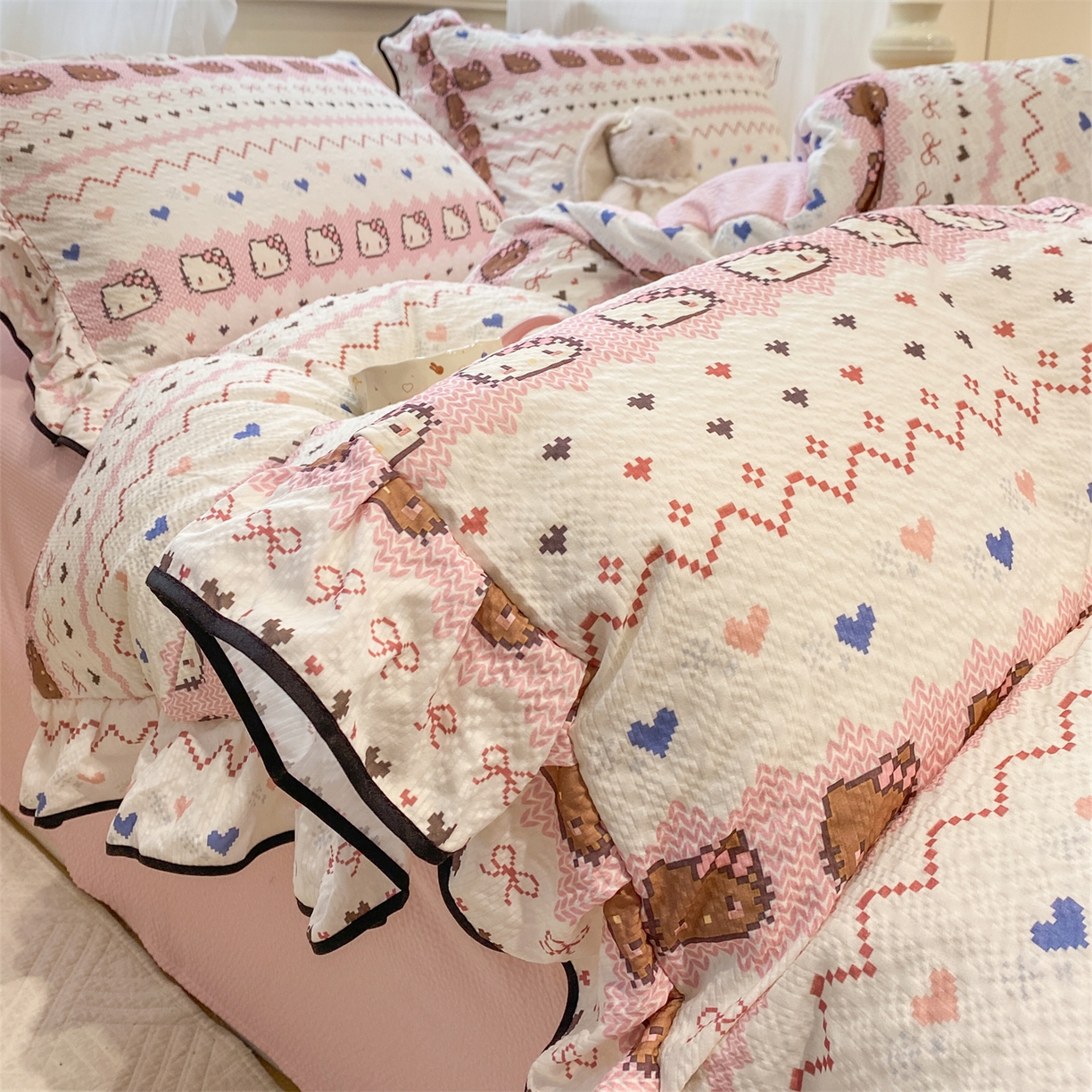 91家纺网 家纺一手货源 找家纺 优贝家纺 2026新款云感双层纱皱皱纱花边四件套 甜心时光