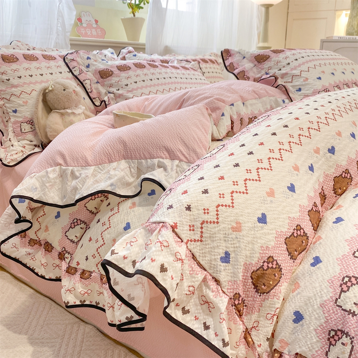 91家纺网 家纺一手货源 找家纺 优贝家纺 2026新款云感双层纱皱皱纱花边四件套 甜心时光