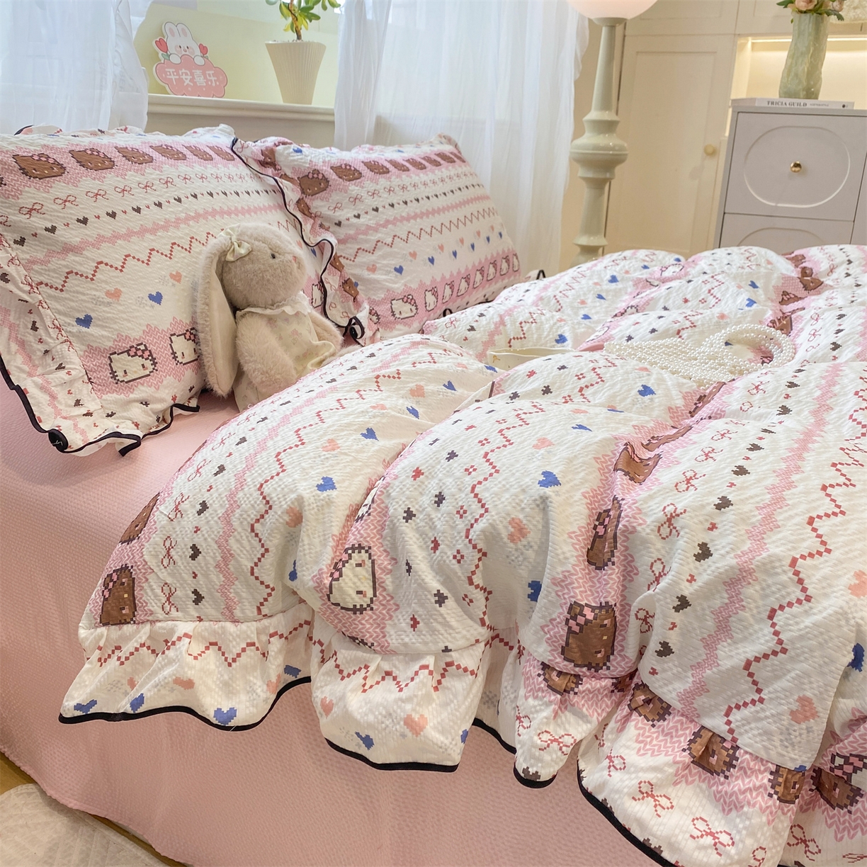 91家纺网 家纺一手货源 找家纺 优贝家纺 2026新款云感双层纱皱皱纱花边四件套 甜心时光